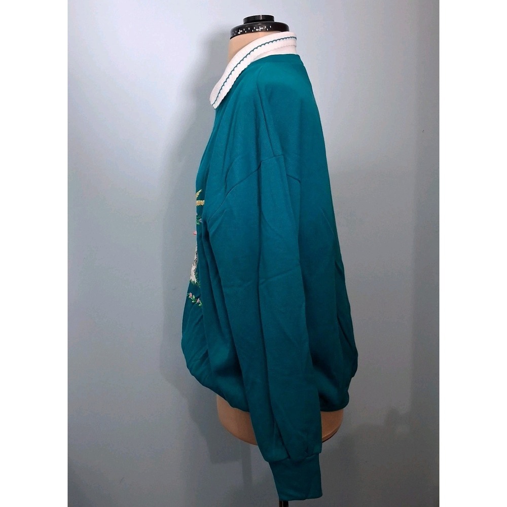 Vtg 90s Floral Cats Grandma Collared Sweatshirt Large L Womens Teal Bow Detail - Picture 2 of 14